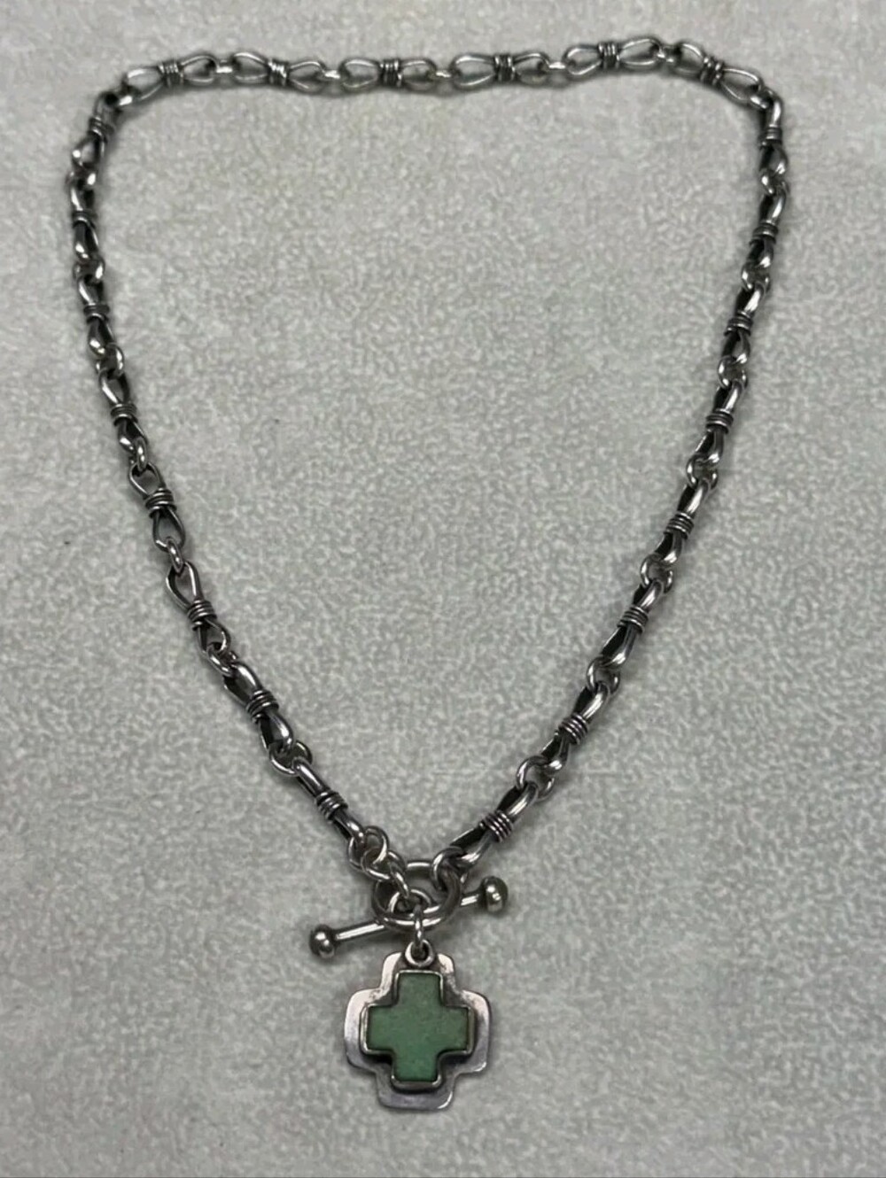 Sterling Silver Unique Link Turquoise Cross Charm Necklace 16"